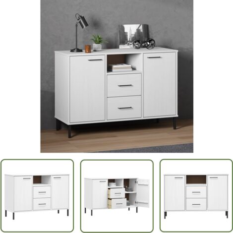 The Living Store Sideboard OSLO mit Metallbeinen Weiß 113x40x77 cm Massivholz - Holz Sideboard - Massiver Holzschaukel - Wohnzimmertisch - Regal Weiß - Schreibtisch