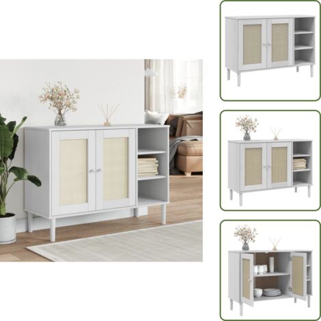 The Living Store Sideboard SENJA Rattan-Optik Weiß 112x40x80 cm Kiefernholz - Schubladenkommode - Sideboard - Wohnzimmermöbel - Holzmöbel - Weißes Sideboard