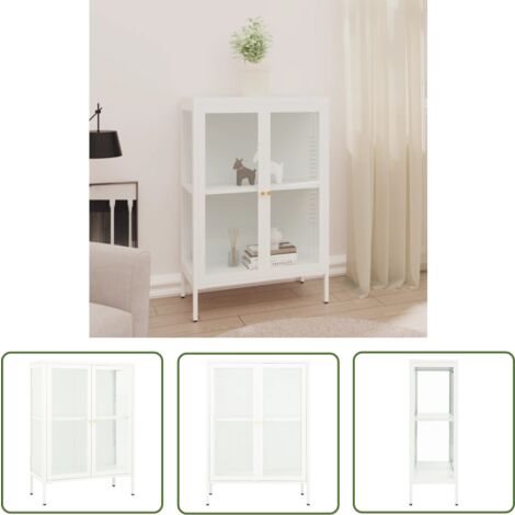 The Living Store Sideboard Weiß 75x35x105 cm Stahl und Glas - Schreibtisch - Sideboard - Wohnzimmermöbel - Weißes Sideboard - Metallregal