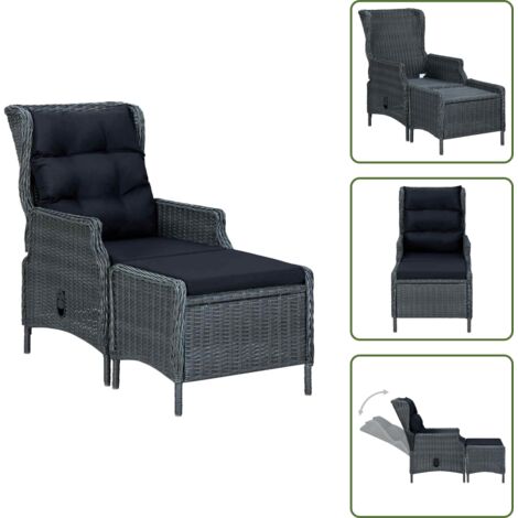 The Living Store Silla de jardín reclinable con reposapiés ratán PE gris oscuro - Silla de jardín con reposapiés