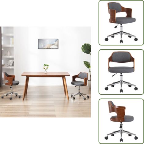 The Living Store Silla de oficina giratoria de madera curvada y tela gris - Silla de oficina con respaldo