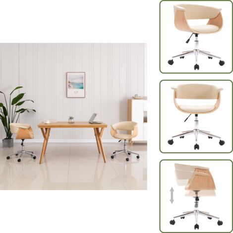The Living Store Silla de oficina giratoria madera curvada cuero sintético crema - Silla de oficina