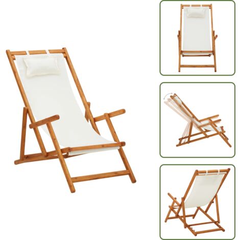 The Living Store Silla de playa plegable madera maciza de eucalipto y tela crema - Silla de jardín