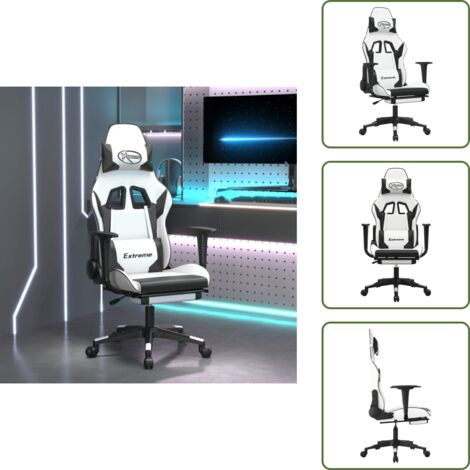 The Living Store Silla gaming con reposapiés cuero sintético blanco negro - Silla de juego