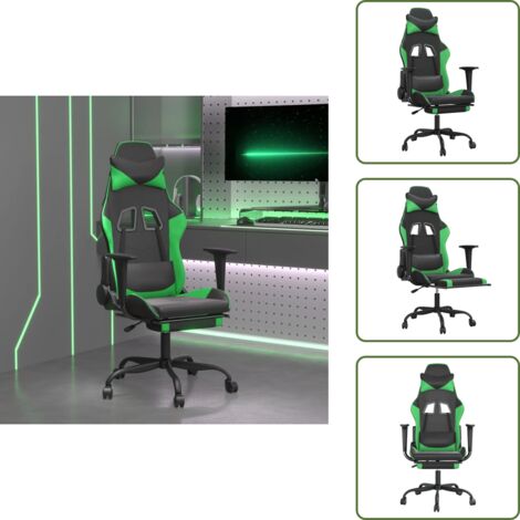The Living Store Silla gaming de masaje y reposapiés cuero sintético negro verde - Masaje