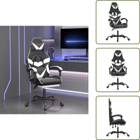 The Living Store Silla gaming giratoria reposapiés cuero sintético negro blanco - Silla de juegos