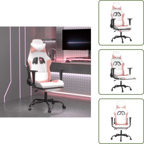The Living Store Silla gaming masaje y reposapiés cuero sintético blanco y rosa - Masaje