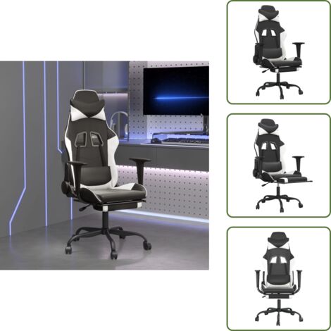 The Living Store Silla gaming masaje y reposapiés cuero sintético negro blanco - Masaje