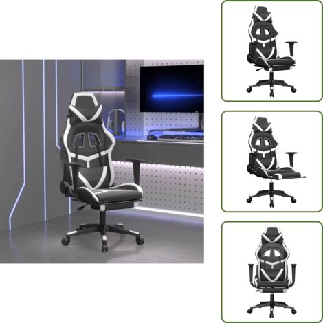 The Living Store Silla gaming masaje y reposapiés cuero sintético negro blanco - Masaje