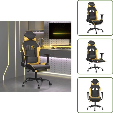 The Living Store Silla gaming masaje y reposapiés cuero sintético negro dorado - Masaje