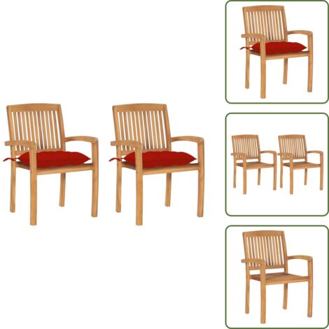 The Living Store Sillas de jardín 2 uds madera maciza de teca con cojines rojos - Sillas de exterior