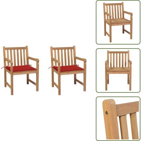 The Living Store Sillas de jardín 2 uds madera maciza de teca con cojines rojos - Sillas de madera
