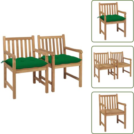 The Living Store Sillas de jardín 2 uds madera maciza de teca con cojines verdes - Sillas de madera