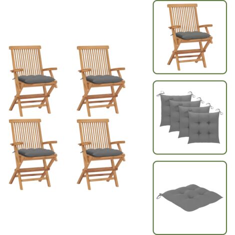 The Living Store Sillas de jardín 4 uds madera maciza de teca con cojines grises - Sillas de jardín de madera