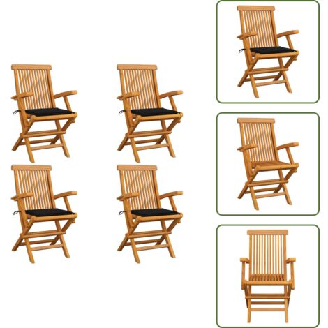 The Living Store Sillas de jardín 4 uds madera maciza de teca con cojines negros - Sillas de jardín de madera