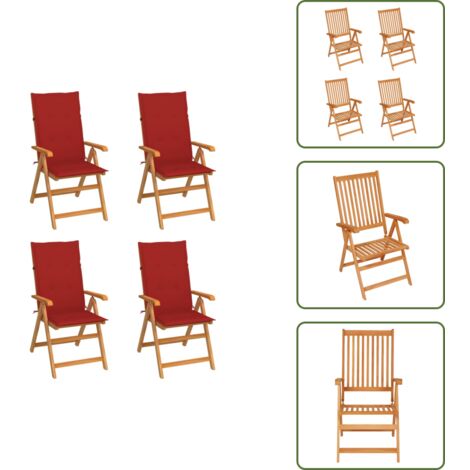 The Living Store Sillas de jardín 4 unidades madera maciza de teca cojines rojos - Sillas de exterior