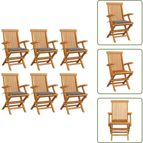 The Living Store Sillas de jardín 6 uds madera maciza de teca con cojines grises - Sillas de jardín de madera