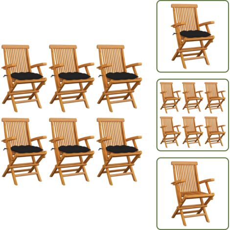 The Living Store Sillas de jardín 6 uds madera maciza de teca con cojines negros - Sillas de jardín de madera