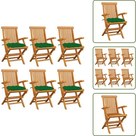 The Living Store Sillas de jardín 6 uds madera maciza de teca con cojines verdes - Sillas de jardín de madera