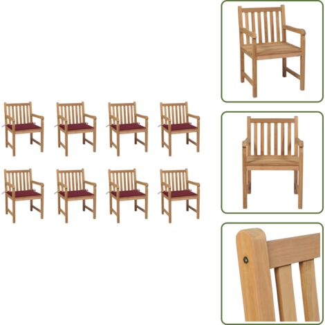 The Living Store Sillas de jardín 8 uds madera maciza teca cojines rojo tinto - Madera de teca