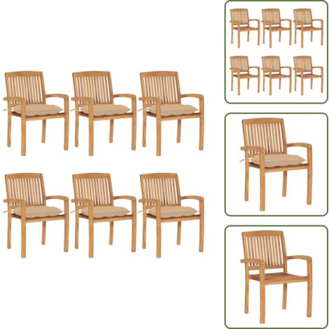The Living Store Sillas de jardín apilables 6 uds madera de teca con cojines - Sillas de jardín de madera