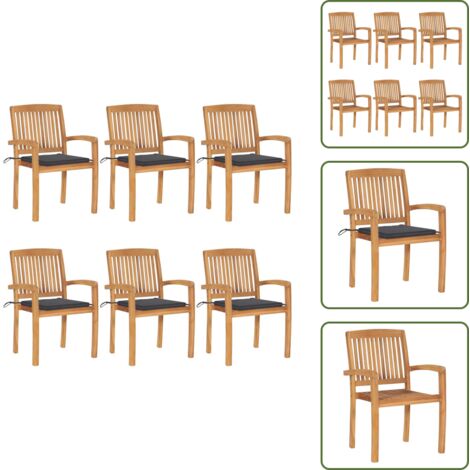 The Living Store Sillas de jardín apilables 6 uds madera de teca con cojines - Sillas de jardín de madera