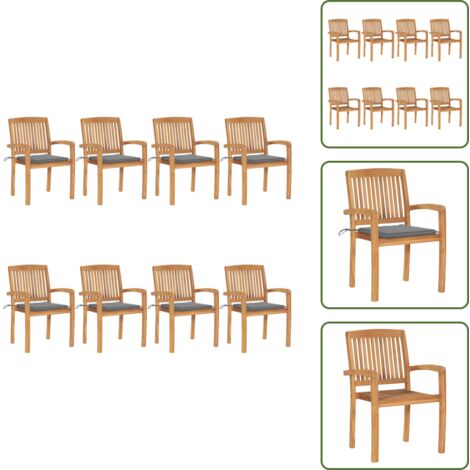 The Living Store Sillas de jardín apilables 8 uds madera de teca con cojines - Sillas de comedor
