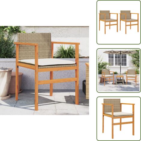 The Living Store Sillas de jardín con cojín 2 uds ratán PE beige y madera acacia - Sillas de jardín con cojín