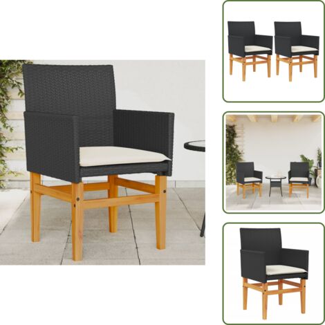 The Living Store Sillas de jardín con cojín 2 uds ratán PE negro y madera acacia - Sillas de jardín con cojín