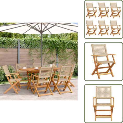 The Living Store Sillas de jardín plegables 6 uds madera maciza y ratán PE beige - Sillas de jardín
