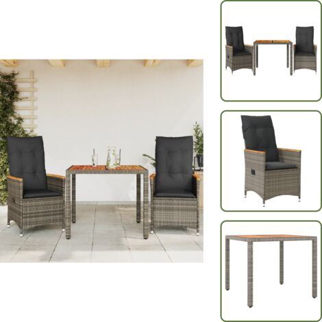 The Living Store Sillas y mesita de jardín con cojines 3 piezas ratán PE gris - Mesita de jardín