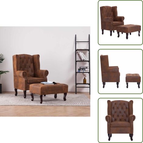 The Living Store Sillón Chesterfield y reposapiés cuero ante artificial marrón - Silla de cuero