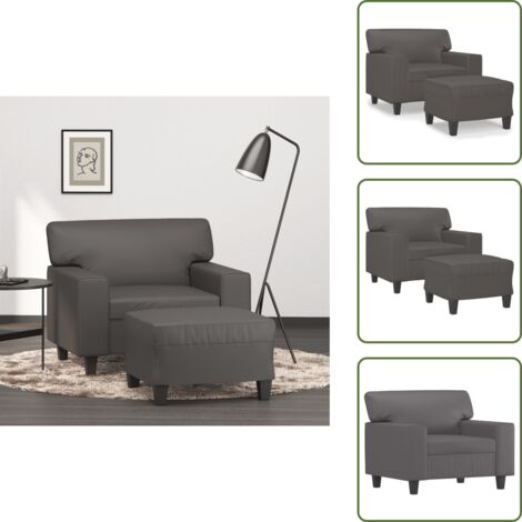 The Living Store Sillón con taburete cuero sintético gris 60 cm - Cuero sintético