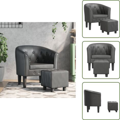 The Living Store Sillón con taburete cuero sintético gris - Cuero sintético gris
