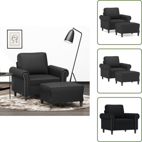 The Living Store Sillón con taburete cuero sintético negro 60 cm - Cuero sintético