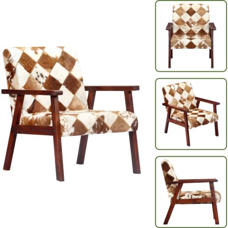 The Living Store Sillón de cuero auténtico de cabra blanco y marrón - Silla de cuero de cabra