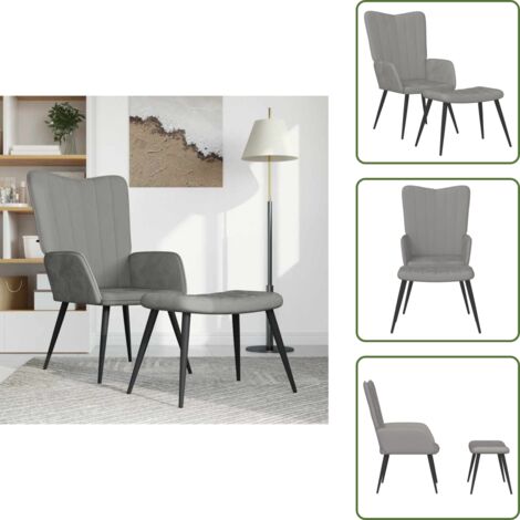 The Living Store Sillón de relax con taburete de terciopelo gris claro - Silla con taburete