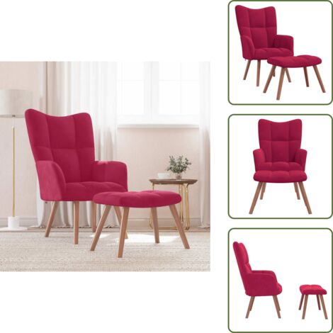The Living Store Sillón de relax con taburete terciopelo rojo tinto - Silla con taburete