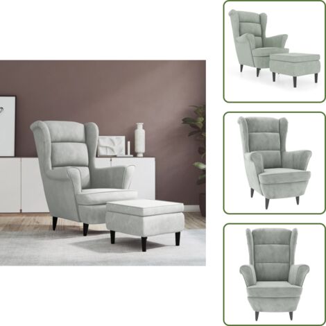 The Living Store Sillón orejero y taburete de terciopelo gris claro - Terciopelo gris claro