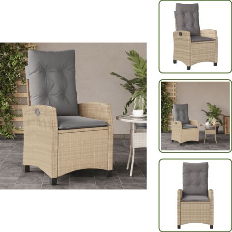 The Living Store Sillón reclinable de jardín con cojines ratán PE beige mixto - Cojín de asiento