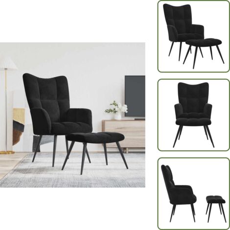 The Living Store Sillón relajante con taburete de terciopelo negro - Silla con taburete