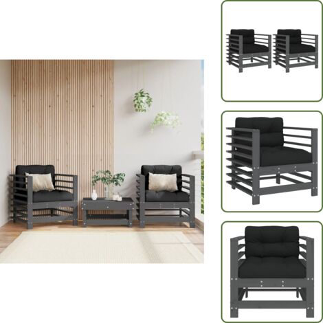 The Living Store Sillones de jardín con cojines 2 uds madera maciza de pino gris - Sillas de exterior