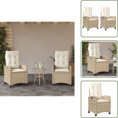 The Living Store Sillones reclinables de jardín con cojines beige 2 uds ratán PE - Sillas de jardín con respaldo ajustable