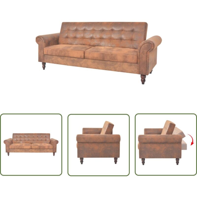 The Living Store - Canapé à 2 places convertible accoudoir daim synthétique marron - Canapé Deux Places - Canapé Convertible - Canapé Cuir