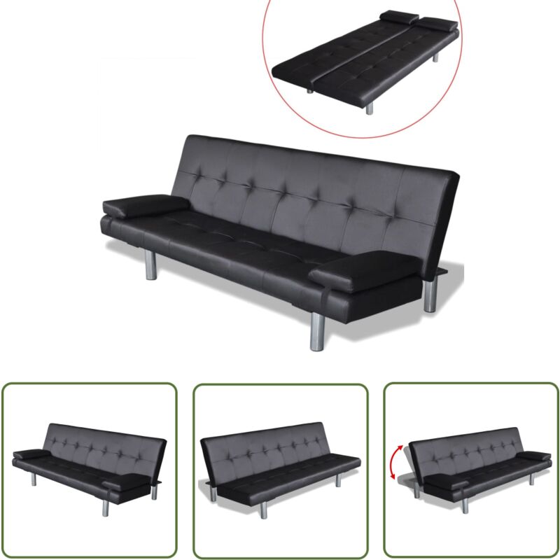 The Living Store - Canapé-lit réglable avec deux oreillers Similicuir Noir - Canapé Convertible - Canapé Lit - Canapé Modulable - Meuble
