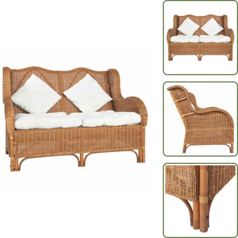The Living Store Sofá 2 plazas marrón claro ratán natural y lino - Sofá ratán