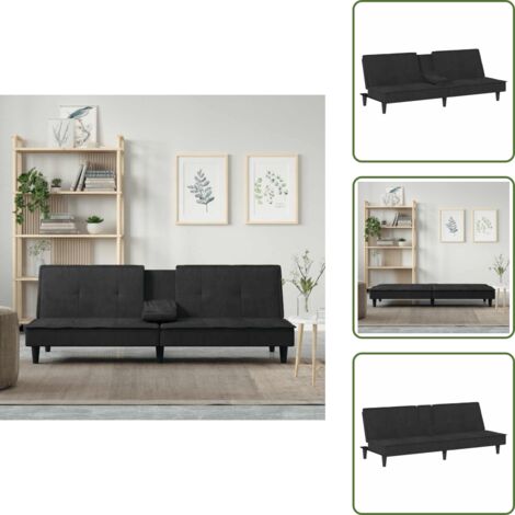 The Living Store Sofá cama con portavasos terciopelo negro - Sofá cama con portavasos