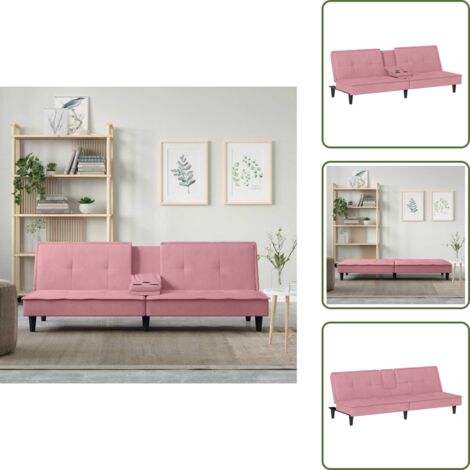 The Living Store Sofá cama con portavasos terciopelo rosa - Sofá cama con mesita