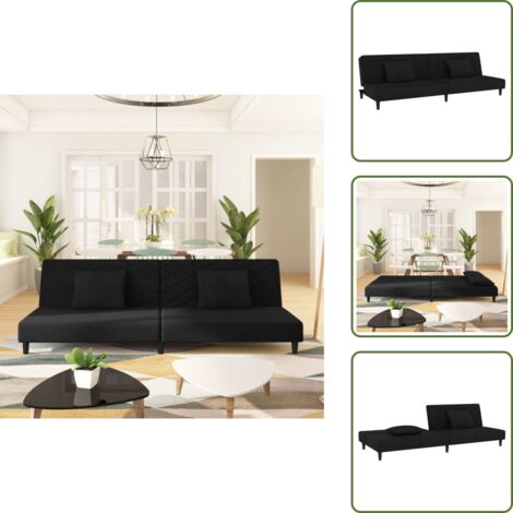 The Living Store Sofá cama de 2 plazas con dos almohadas terciopelo negro - Sofá cama de 2 plazas