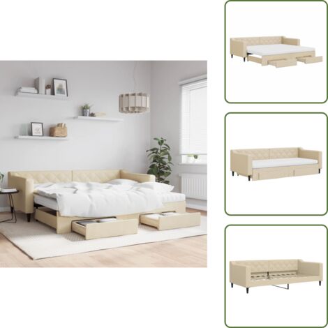 The Living Store Sofá cama nido con cajones tela color crema 90x200 cm - Cama nido
